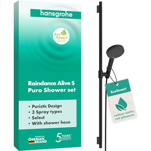hansgrohe Raindance Alive Select S - Duschset mit Duschkopf wassersparend (EcoSmart, 3 Strahlarten inkl. PowderRain), Duschschlauch (1,60 m) und Duschstange (0,90 m), Mattschwarz, 24603670 von hansgrohe