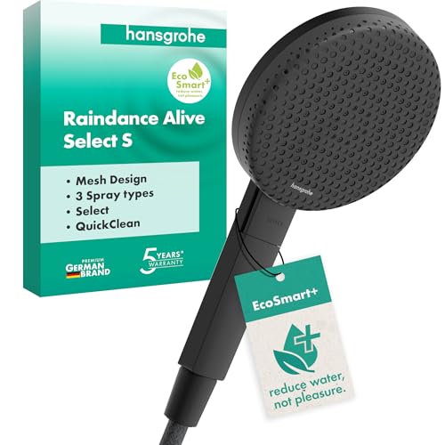 hansgrohe Raindance Alive Select S - wassersparender Duschkopf 5,7 l/min (EcoSmart+), Handbrause mit 3 Strahlarten (inkl. PowderRain), Duschbrause, mit Antikalk-Funktion, Mattschwarz, 24512670 von hansgrohe