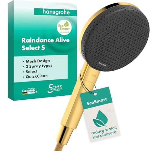 hansgrohe Raindance Alive Select S - wassersparender Duschkopf 7,1 l/min (EcoSmart), Handbrause mit 3 Strahlarten (inkl. PowderRain), Duschbrause, mit Antikalk-Funktion, Polished Gold Optic, 24511990 von hansgrohe