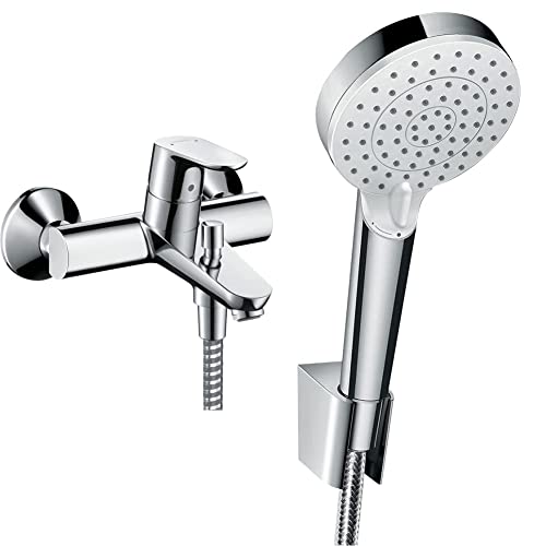 hansgrohe Set mit Focus Aufputz Wannenarmatur für 2 Funktionen (Chrom) + Crometta wassersparendes Brausehalterset mit Sparduschkopf, Duschschlauch1,60m und Halterung (Weiß/Chrom) von hansgrohe