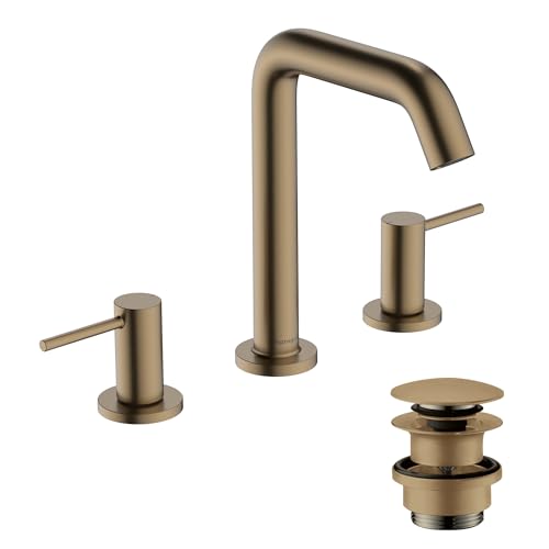 hansgrohe Tecturis S - 3-Loch Waschtischarmatur mit Push-Open Ablauf, Wasserhahn Bad mit Auslauf Höhe 150mm, Mischbatterie Waschbecken wassersparend (EcoSmart+), Brushed Bronze von hansgrohe