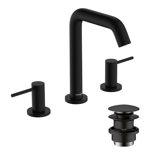 hansgrohe Tecturis S - 3-Loch Waschtischarmatur mit Push-Open Ablauf, Wasserhahn Bad mit Auslauf Höhe 150mm, Mischbatterie Waschbecken wassersparend (EcoSmart+), Mattschwarz von hansgrohe