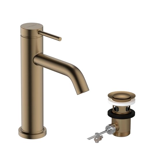 hansgrohe Tecturis S - Waschtischarmatur mit Zugstange, Wasserhahn Bad mit Auslauf Höhe 110mm, Mischbatterie Waschbecken wassersparend (EcoSmart+), Brushed Bronze von hansgrohe