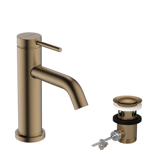 hansgrohe Tecturis S - Waschtischarmatur mit Zugstange, energiesparend (CoolStart), Wasserhahn Bad mit Auslauf Höhe 80mm, Mischbatterie Waschbecken wassersparend (EcoSmart+), Brushed Bronze von hansgrohe