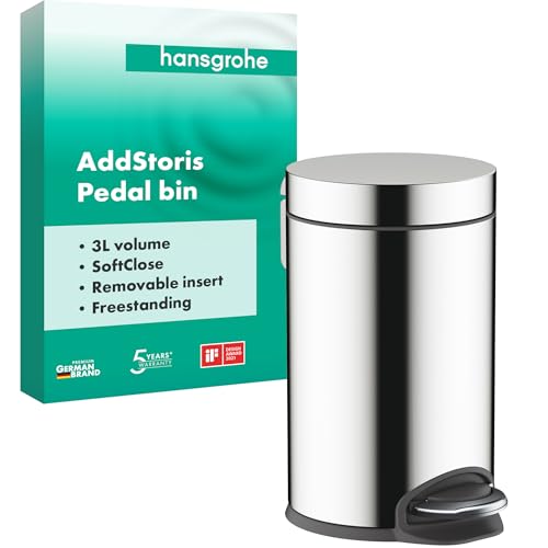 hansgrohe AddStoris - Badezimmer Mülleimer, Mülleimer Bad mit 3 l Fassungsvermögen, Kosmetikeimer, Treteimer, Badezimmer Zubehör, Chrom, 41775000 von hansgrohe