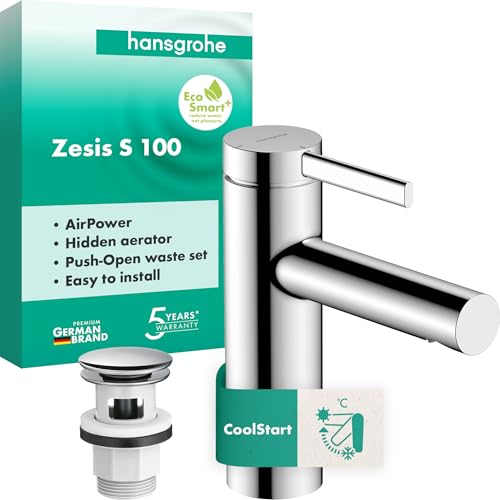 hansgrohe Zesis S - Waschtischarmatur mit Push-Open Ablauf, energiesparend (CoolStart), Wasserhahn Bad mit Auslaufhöhe 104 mm, Mischbatterie Waschbecken wassersparend (EcoSmart+), Chrom, 74724000 von hansgrohe