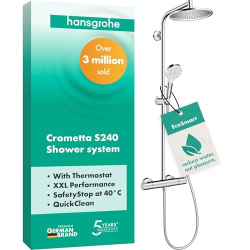 hansgrohe Crometta S - wassersparendes Duschsystem (EcoSmart) mit Thermostat, Regendusche (240 mm) mit Armatur, Handbrause (2 Strahlarten), Schlauch, Brausestange und Kopfbrause, Chrom, 27268000 von Hansgrohe