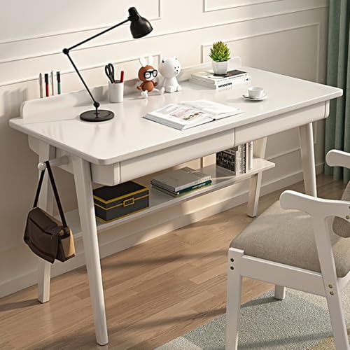 haohang Schreibtisch Aus Massivholz Im Mid-Century-Modern-Stil, Computertisch Fürs Homeoffice Mit 2 Schubladen Und Ablageflächen, Schreibtisch Mit Haken(White,47.2 * 23.6 * 29.5in) von haohang