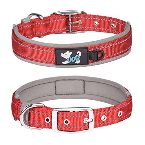 Haoyueer Bequemes weiches Neopren gepolstertes Hundehalsband, reflektierendes Haustierhalsband, verstellbares, strapazierfähiges Nylon-Hundehalsband für alle Rassen große Hunde (L, Rot-1) von haoyueer