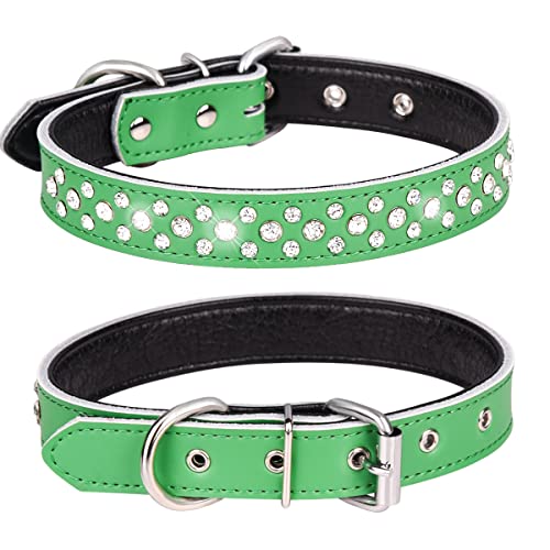 Haoyueer Hundehalsband mit Strasssteinen, verstellbar, funkelnde Kristall-Nieten, echtes Leder, Haustier-Hundehalsband für kleine und mittelgroße Hunde (L, Grün) von haoyueer