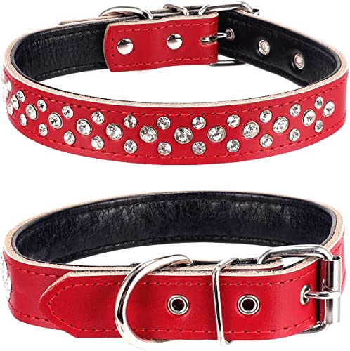 Haoyueer Hundehalsband mit Strasssteinen, verstellbar, glitzernd, mit Nieten aus echtem Leder, für kleine und mittelgroße Hunde (Größe M, Rot) von haoyueer