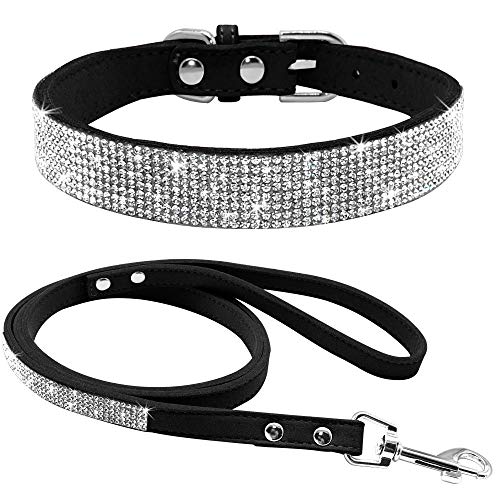 haoyueer Hundehalsband aus weichem Wildleder, schillernd, funkelnd, elegant, ausgefallen, mit Strasssteinen besetzt, für Haustiere, Welpen, Katzen, Hunde, Kombi-Set mit Leine (XXS, Schwarz) von haoyueer