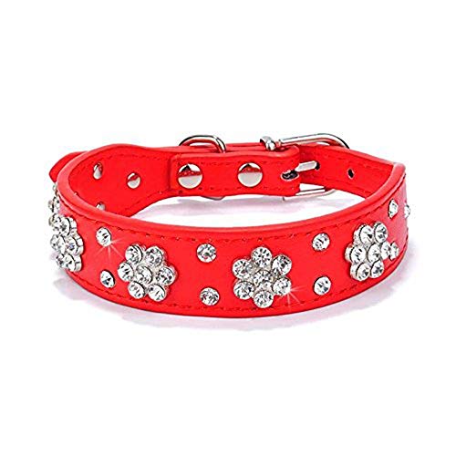 Haoyueer Strass-Hundehalsband, süßes Blumen-Design, Strass, für Katzen und Hunde, PU-Leder, verstellbare Größen S, M, L, Rot von haoyueer