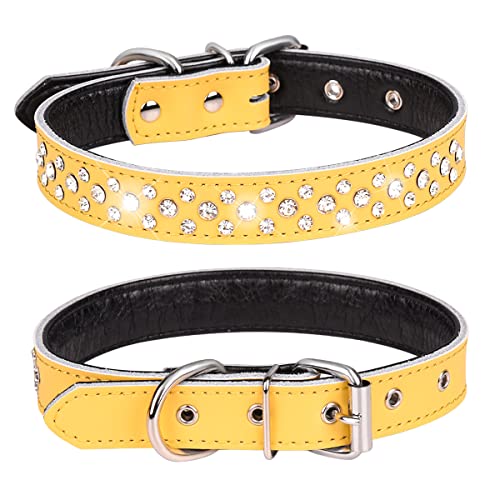 Haoyueer Strasssteine Hundehalsband, Verstellbar Glitzernde Kristall Nieten Echtes Leder Haustier Hundehalsband für kleine und mittelgroße Hunde (M, Gelb) von haoyueer