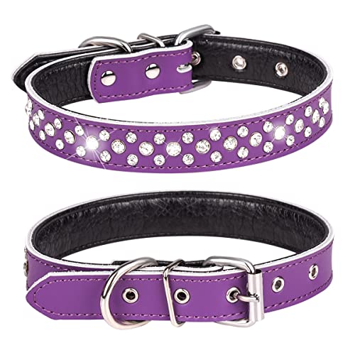 Haoyueer Strasssteine Hundehalsband, Verstellbar Glitzernde Kristall Nieten Echtes Leder Haustier Hundehalsband für kleine und mittelgroße Hunde (S, Lila) von haoyueer