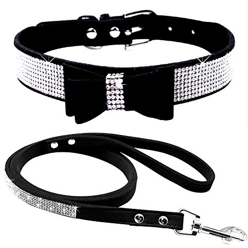 haoyueer Hundehalsband aus weichem Wildleder, schillernd, funkelnd, elegant, ausgefallen, mit Strasssteinen besetzt, für Haustiere, Welpen, Katzen, Hunde, Kombi-Set mit Leine (M, Schwarz 1) von haoyueer