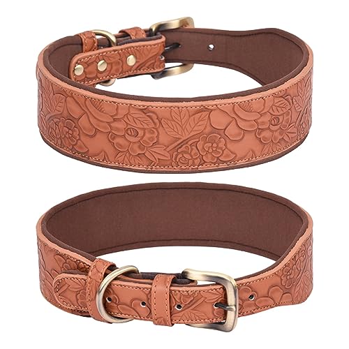 haoyueer Hundehalsband Leder für große Hunde, mittelgroße Hunde & kleine Hunde, PU Leder Halsband für Hunde, Geprägter Druck Leder Hundehalsbänder (M, Braun) von haoyueer