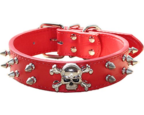 haoyueer Hundehalsband aus Leder, 2 Reihen, Kugelnieten, PU-Leder, cooles Totenkopf-Zubehör für mittelgroße und große Hunde (L, Rot) von haoyueer