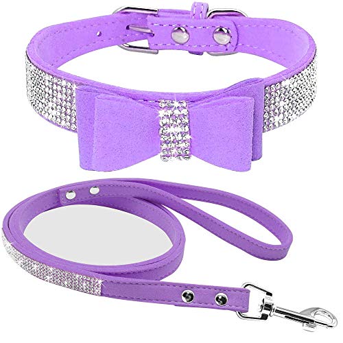 haoyueer Hundehalsband aus weichem Wildleder, schillernd, funkelnd, elegant, ausgefallen, mit Strasssteinen besetzt, für Haustiere, Welpen, Katzen, Hunde, Kombi-Set mit Leine (M, Lila 1) von haoyueer