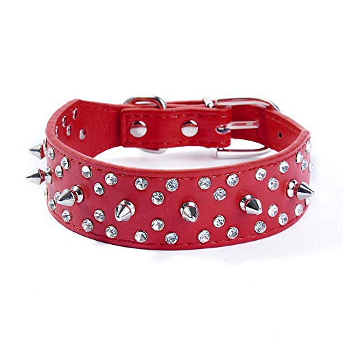 haoyueer Hundehalsband mit Nieten, stilvolles Hundehalsband aus Leder, mit Kugelnieten und Strasssteinen, weich und verstellbar für mittelgroße und große Hunde (M, Rot) von haoyueer