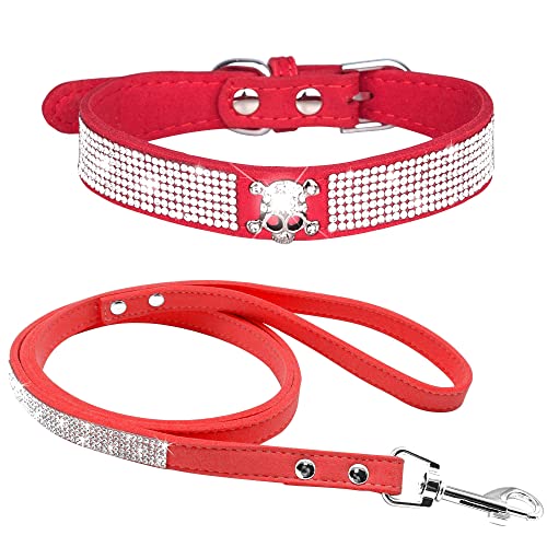 haoyueer Strass-Hundehalsband, niedlich, schillernd, funkelnd, weiches Wildleder, für Hunde und Katzen, Strass-Halsband, Leine, Kristall, Diamant, Haustier, Welpen, Halsband (M, Rot 5) von haoyueer