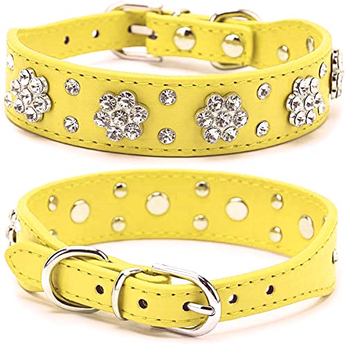 haoyueer Strass Hundehalsband, Niedliche Blume Strass Katzen Hundehalsband Bling Halsband PU Leder Halsband Verstellbare Größen Small Medium Large (L, Gelb) von haoyueer