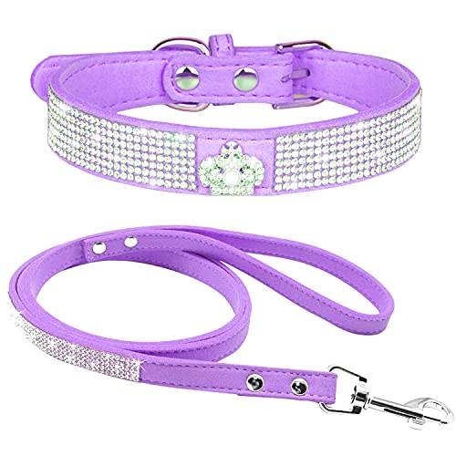 haoyueer Hundehalsband aus weichem Wildleder, schillernd, funkelnd, elegant, ausgefallen, mit Strasssteinen besetzt, für Haustiere, Welpen, Katzen, Hunde, Kombi-Set mit Leine von haoyueer