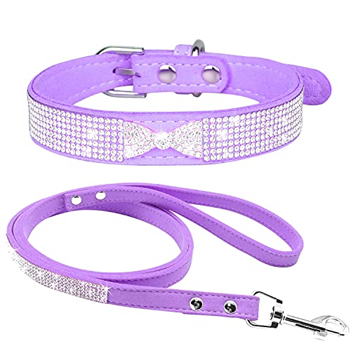 haoyueer Strass-Hundehalsband, niedlich, schillernd, funkelnd, weiches Wildleder, für Hunde und Katzen, Strass, Halsband mit Leine, Kristall, Diamant, Haustier, Welpen, Halsband (S, Lila-3) von haoyueer