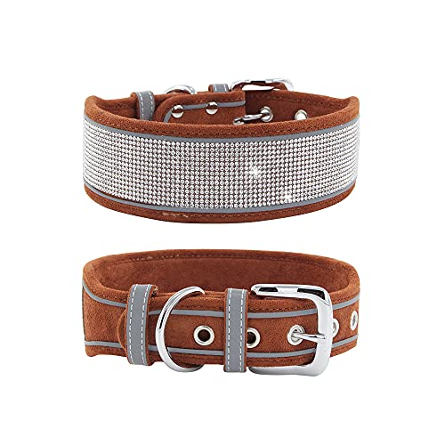 haoyueer Strass-Hundehalsband, glitzernd, weiches Wildleder, reflektierend, großes Hundehalsband, Kristall-Diamant-Halsband für mittelgroße und große Hunde (L: 48,3–58,4 cm, braun) von haoyueer