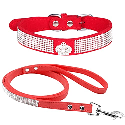 haoyueer Strass-Hundehalsband, niedlich, schillernd, funkelnd, weiches Wildleder, für Hunde, Katzen, Strasshalsband mit Leine, Kristalldiamant, Haustierhalsband für Hunde, Welpen, Größe L, Rot - 4 von haoyueer