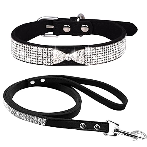 haoyueer Strass-Hundehalsband, niedlich, schillernd, funkelnd, weiches Wildleder, für Hunde und Katzen, Strass, Halsband, Leine, Kristall, Diamant, Haustier, Welpen, Halsband (L, Schwarz-3) von haoyueer