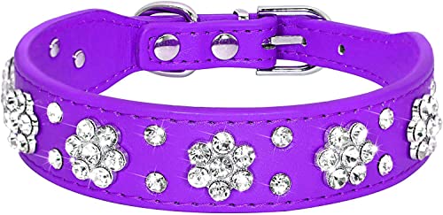 haoyueer Strass Hundehalsband, Niedliche Blume Strass Katzen Hundehalsband Bling Halsband PU Leder Halsband Verstellbare Größen Small Medium Large (L, Lila) von haoyueer