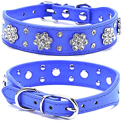 haoyueer Strass Hundehalsband, Süße Blume Strass Katze Hundehalsband Bling Halsband PU Leder Halsband Verstellbare Größen Klein Mittel Groß (M, Dunkelblau) von haoyueer