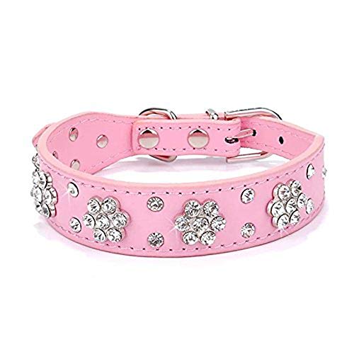 haoyueer Strass Hundehalsband, Niedliche Blume Strass Katzen Hundehalsband Bling Halsband PU Leder Halsband Einstellbare Größen Small Medium Large (L, Rosa) von haoyueer