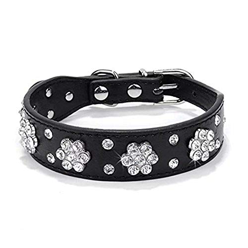 haoyueer Strass Hundehalsband, Niedliche Blume Strass Katzen Hundehalsband Bling Halsband PU Leder Halsband Einstellbare Größen Small Medium Large (M, Schwarz) von haoyueer