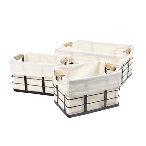 happimess BSK3002A-3SET Callan Vintage Industrial Wire Metal Nesting Storage Baskets with Wood Handles and Fabric Liner for Shelves, Cabinets, Pantry, Countertop, Mesh Open Bin, Black (Set of 3) von happimess