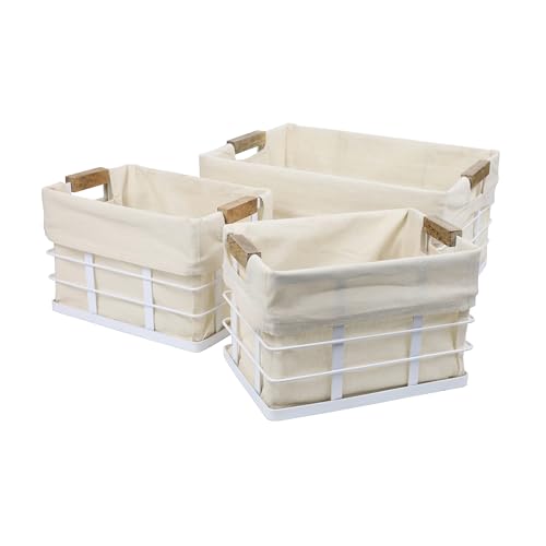happimess BSK3002B-3SET Callan Vintage Industrial Wire Metal Nesting Storage Baskets with Wood Handles and Fabric Liner for Shelves, Cabinets, Pantry, Countertop, Mesh Open Bin, White (Set of 3) von happimess