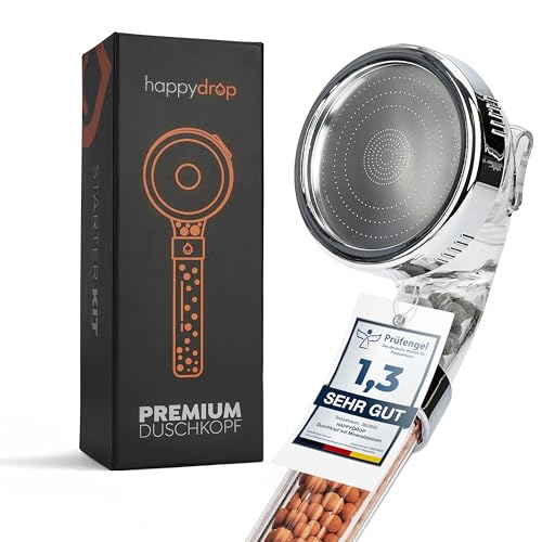 Premium Duschkopf mit Mineralsteinen von happydrop - Die wassersparende Handbrause druckerhöhend mit 3 Strahlarten von happydrop