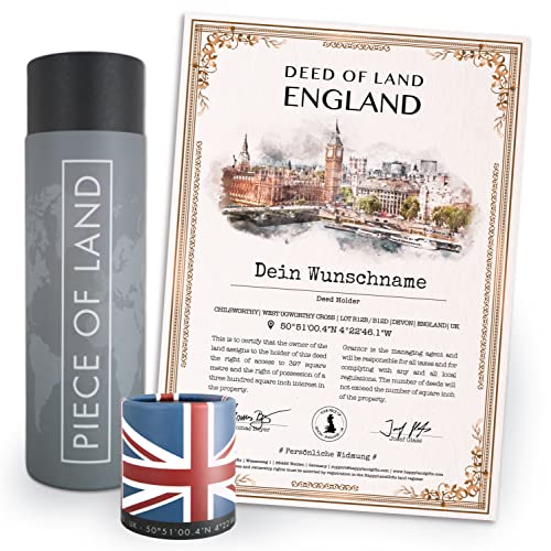 happylandgifts® Premium | Echtes England Grundstück als einzigartiges Geschenk für UK Fans | Personalisierte Besitzurkunde in Farbe mit Wunschname und persönlicher Widmung von happylandgifts