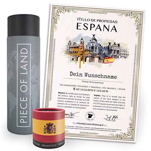 happylandgifts® Premium | Echtes Spanien Grundstück als einzigartiges Geschenk für Espagna Fans | Personalisierte Besitzurkunde in Farbe mit Wunschname und persönlicher Widmung von happylandgifts