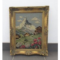 Großer Vintage Gobelin Mit Holzrahmen 1950Er Jahre Matterhorn Alpen Landschaft von hard2findstuff
