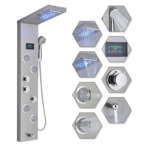HARNART LED Duschpaneel mit Armatur,5 Funktionen Duschpaneel mit LED Temperaturanzeige,Massagedusche und Wasserfall Dusche,Duschsäule aus Edelstahl 304 von harnart
