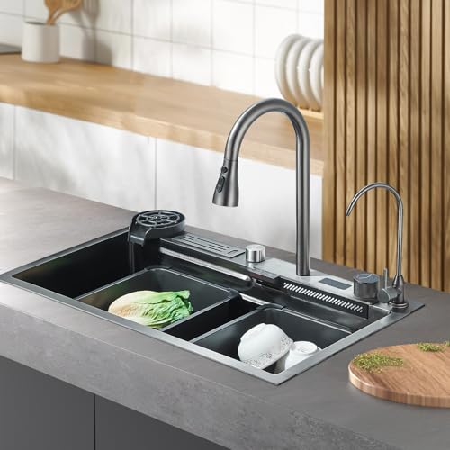 Harnart Küchenspüle, Edelstahl 304, Küchenspüle mit ausziehbarem Wasserhahn, Wasserhahn-Set, Waschmaschine, Tassen 60 x 45 x 21 cm, Schwarz von harnart