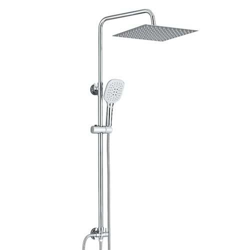 Harnart Regendusche Duschsystem Edelstahl Duscharmatur Komplettset Set Duschstange mit brause Duschkopf mit Schlauch und Halterung 3 Strahlarten, 30x30cm Eckig Kopfbrause Duschset,Chrom von harnart