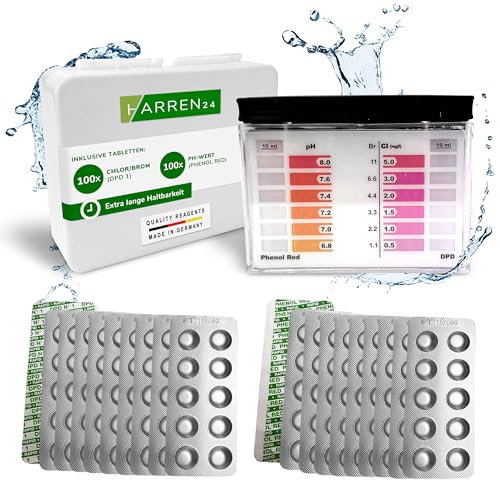 harren24 Pool Tester pH und Chlor inkl. 200 Pool Testtabletten Chlor und pH-Wert (100 Phenol Red Tabletten + 100 DPD1 Tabletten), Pool Wassertester, Pooltester, PH Tester, Pool Zubehör (200) von harren24