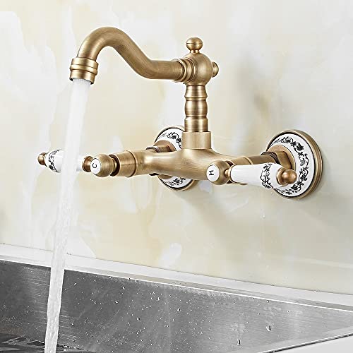 360° Drehbar Wandarmatur Küchenarmatur Messing Antik Wandmontage Doppelhebel Spültischarmatur Waschbeckenarmatur Wasserhahn Wand Waschtischarmatur Retro Waschtischmischer für Küche (Antiquität C) von harupink