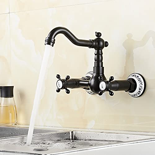 360° Drehbar Wandarmatur Küchenarmatur Messing Antik Wandmontage Doppelhebel Spültischarmatur Waschbeckenarmatur Wasserhahn Wand Waschtischarmatur Retro Waschtischmischer für Küche (Schwarz) von harupink