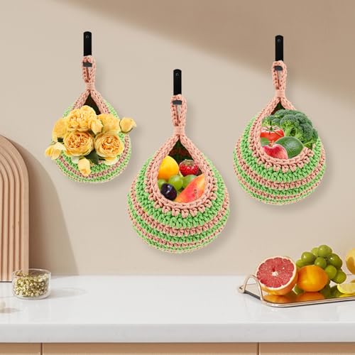 Harupink Obstkorb Hängend 3 Stück,Hängekorb Küche Handgefertigt Platzsparend Wandkorb,Atmungsaktiv,Geflochten Hängend Körbe zum Platzieren von Gemüse,Obst,Küchenutensilien und Geschirr(Stil 1) von harupink