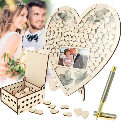 harupink Gästebuch Hochzeit Holz Herzform,Hochzeit Gästebuch für Geburtstag mit 100 Holzherzen 1 Stift & Kartenaufbewahrungsbox,Erinnerungsbuch Eukalyptus Look,Für Hochzeiten,Jubiläen,Geburtstage von harupink