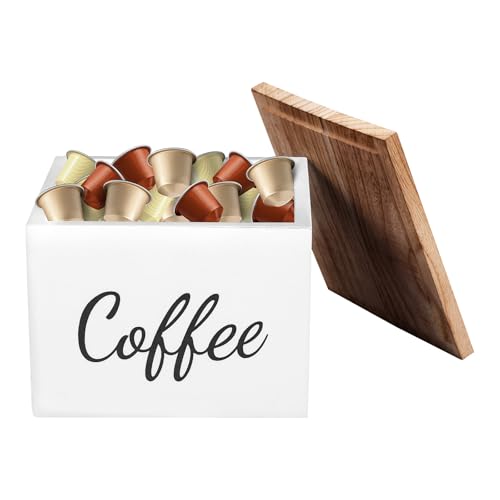 harupink Kapselhalter aus Holz,Großem Fassungsvermögen Kapseldispenser mit Versiegelt Deckel,Stabiler Kaffeekapseln Aufbewahrung,Espresso Organizer zur Aufbewahrung von Kaffeekapseln(Weiß) von harupink